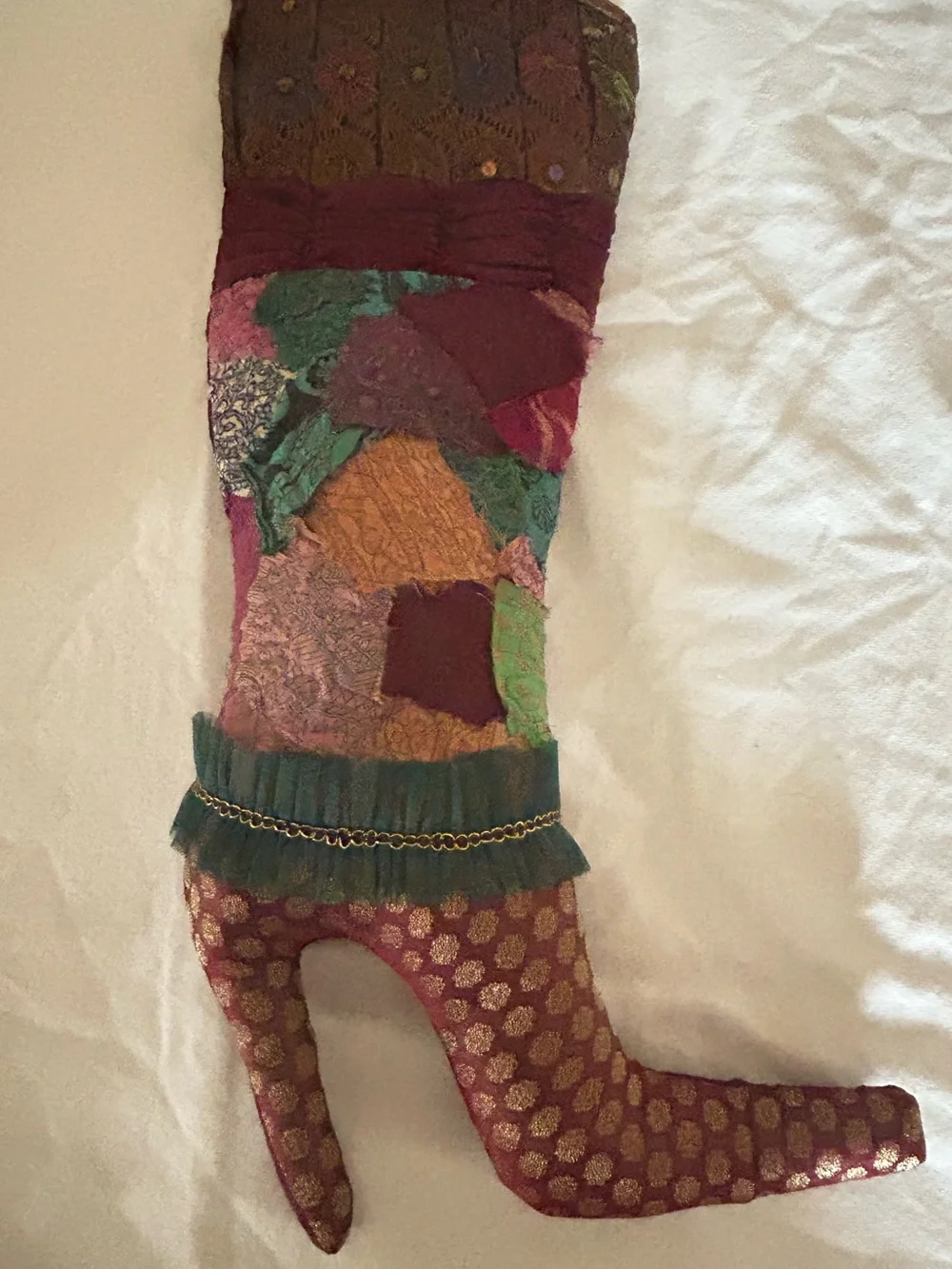 Pier 1 Patchwork Style Victorian Christmas Stocking High Heeled Boot